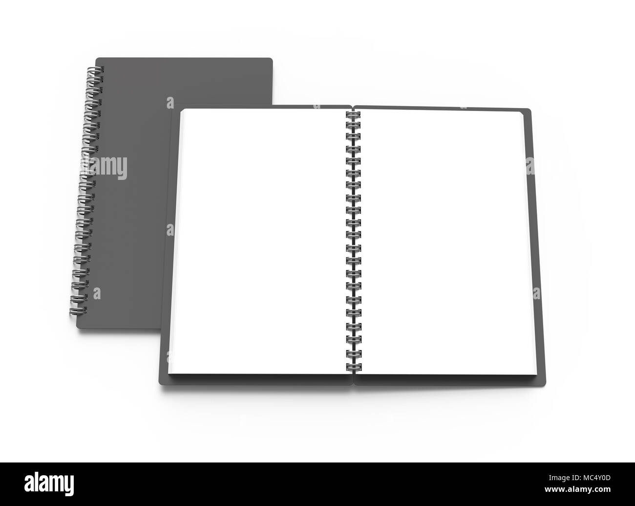 Spiral notebook in 3d render, open notebooks set with empty space for