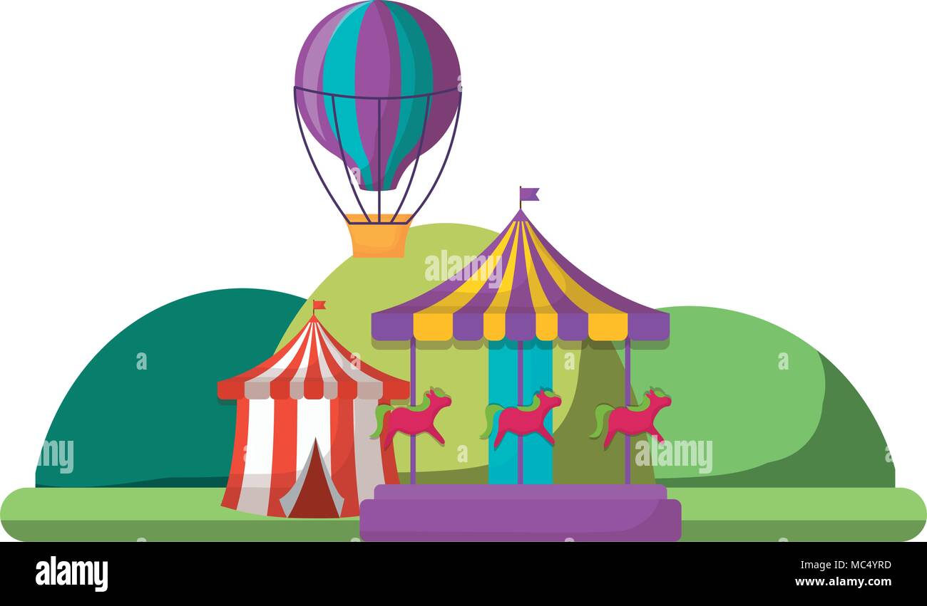 circus tent with hot air balloon and carousel over white background ...