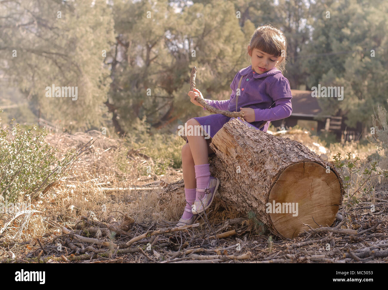 Cute Girl Playing In The Forest Stock Photo
