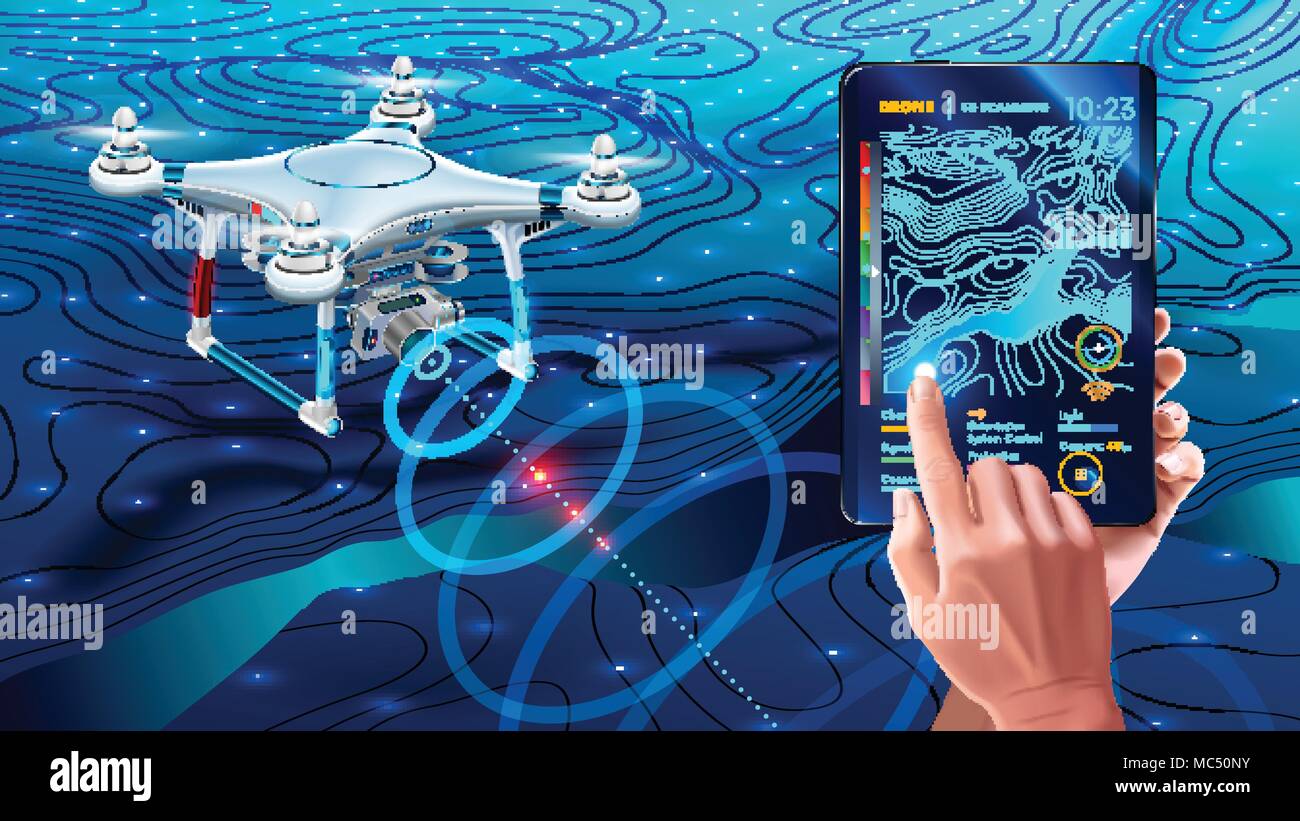 Drone or quadcopter with camera 3d scanning land. Drone fly over landscape  and make geological mapping of the field. Landforms display on digital tabl  Stock Vector Image & Art - Alamy