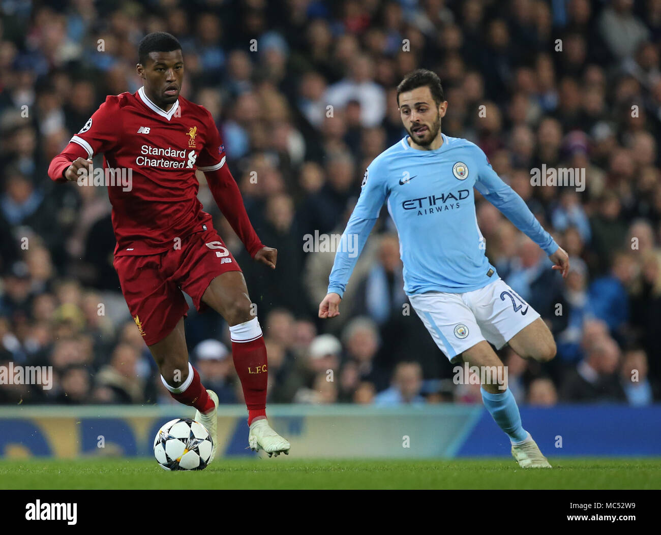 MANCHESTER, ENGLAND - APRIL 10: Georginio Wijnaldum of Liverpool during the Champions League quarter final second leg match between Manchester City and Liverpool at the Etihad Stadium on April 10, 2018 in Manchester, United Kingdom. Stock Photo