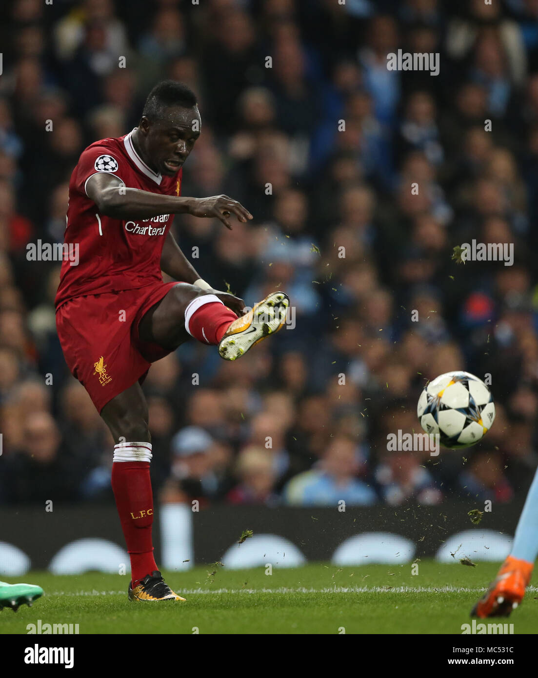 MANCHESTER, ENGLAND - APRIL 10: Sadio Mane of Liverpool during the Champions League quarter final second leg match between Manchester City and Liverpool at the Etihad Stadium on April 10, 2018 in Manchester, United Kingdom. Stock Photo
