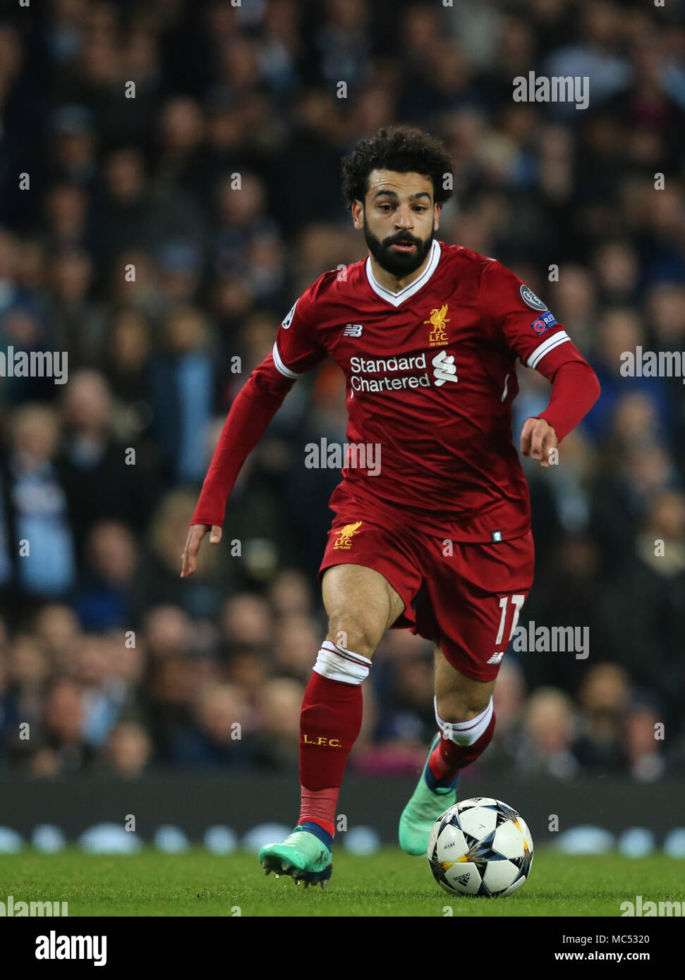 MANCHESTER, ENGLAND - APRIL 10: Mohamed Salah of Liverpool during the Champions League quarter final second leg match between Manchester City and Liverpool at the Etihad Stadium on April 10, 2018 in Manchester, United Kingdom. Stock Photo