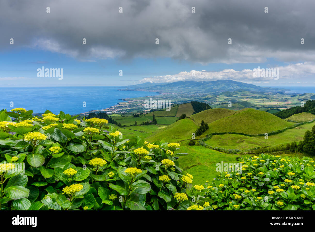 landscape view over Miradouro da Grota do Inferno, in Sao Miguel, Azores Portugal Stock Photo landscape view over Miradouro da Grota do Inferno, in Sao Miguel, Azores Portugal Stock Photo
