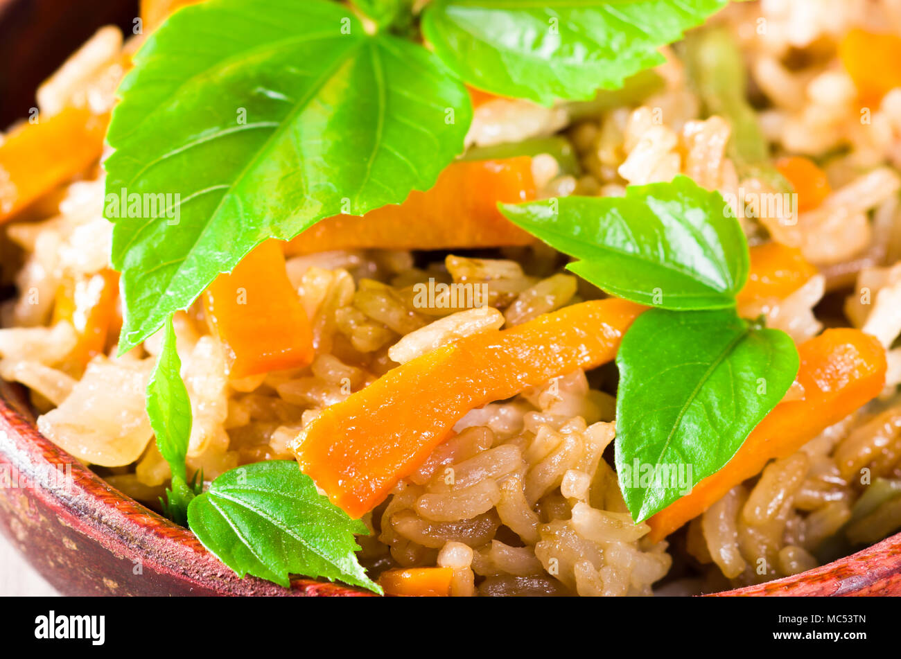 Macro view of the dish of cooked rice and vegetables close-up with shallow depth of focus Stock Photo