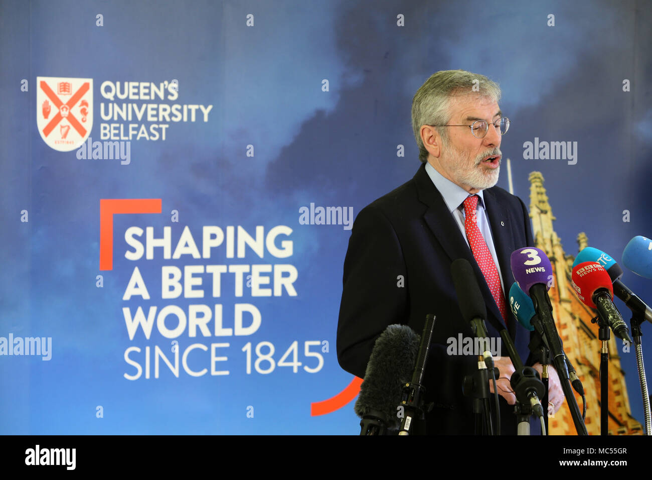 Gerry Adams, former Sinn Fein Leader speaks during a press conference   at  Queen's University Belfast, Tuesday, April 10th, 2018. Tuesday marks 20 years since politicians from Northern Ireland and the British and Irish governments agreed what became known as the Good Friday Agreement. It was the culmination of a peace process which sought to end 30 years of the Troubles. Two decades on, the Northern Ireland Assembly is suspended in a bitter atmosphere between the two main parties. Stock Photo