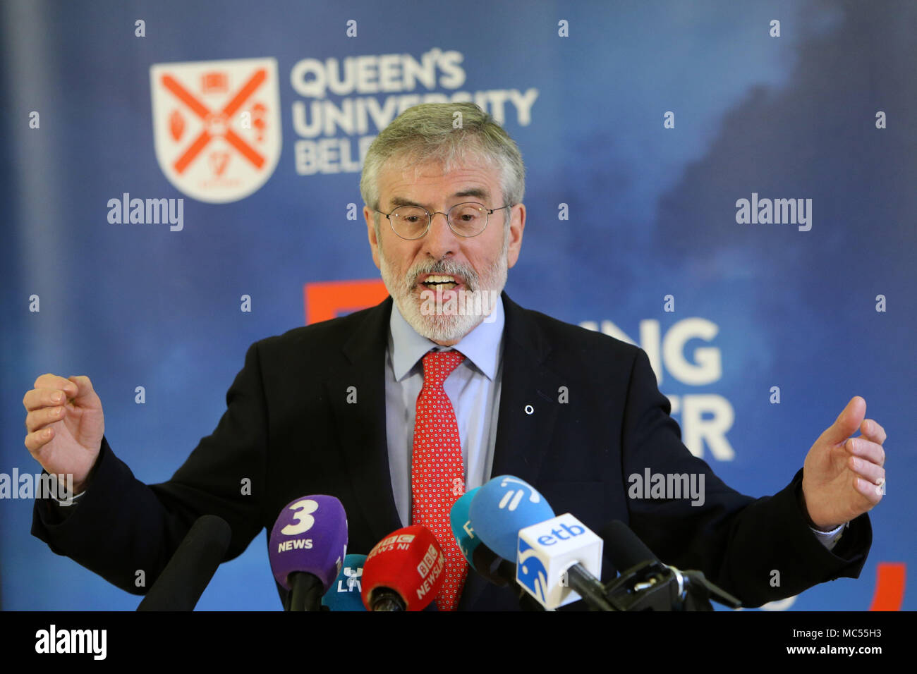 Gerry Adams, former Sinn Fein Leader speaks during a press conference  at  Queen's University Belfast, Tuesday, April 10th, 2018. Tuesday marks 20 years since politicians from Northern Ireland and the British and Irish governments agreed what became known as the Good Friday Agreement. It was the culmination of a peace process which sought to end 30 years of the Troubles. Two decades on, the Northern Ireland Assembly is suspended in a bitter atmosphere between the two main parties. Stock Photo