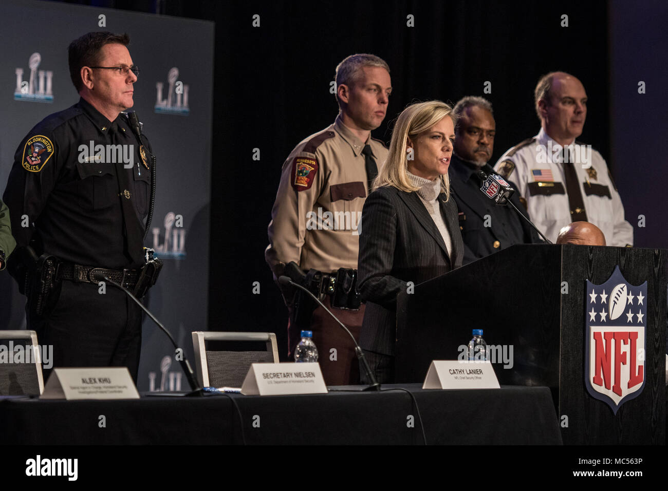 DHS Secretary Kirstjen Nielsen outlined the agency's efforts to support its law enforcement partners during Super Bowl 52. Stock Photo