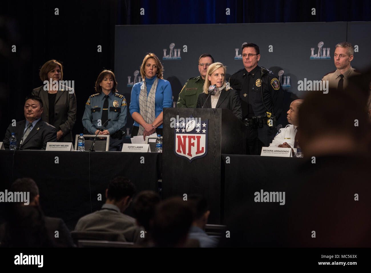 DHS Secretary Kirstjen Nielsen outlined the agency's efforts to support its law enforcement partners to secure Super Bowl 52. Stock Photo