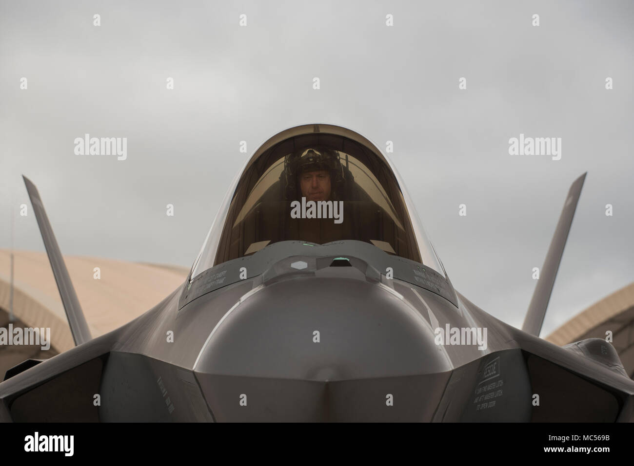 U.S Air Force Lt. Col. Bradley Turner, 86th Fighter Weapons Squadron F-35 lead evaluator, sits in an F-35A Lightning II prior to participating in an expanded Lightning Top Off Course Jan. 29, 2018, at Eglin Air Force Base, Fla. The expanded LiTOC is a first of its kind joint interagency exercise created to ensure student F-35A pilots are prepared to meet the demands of the Combat Air Forces. It shortens the timeline of getting pilots mission qualified without sacrificing quality training during a time when pilot shortages are being felt across the Air Force. (U.S. Air Force photo by Staff Sgt. Stock Photo