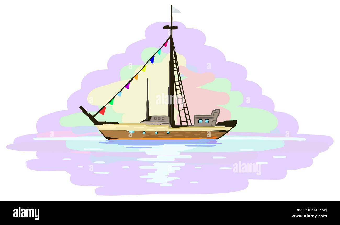 Boat voyage painting fragment, vector illustration, horizontal, isolated Stock Vector