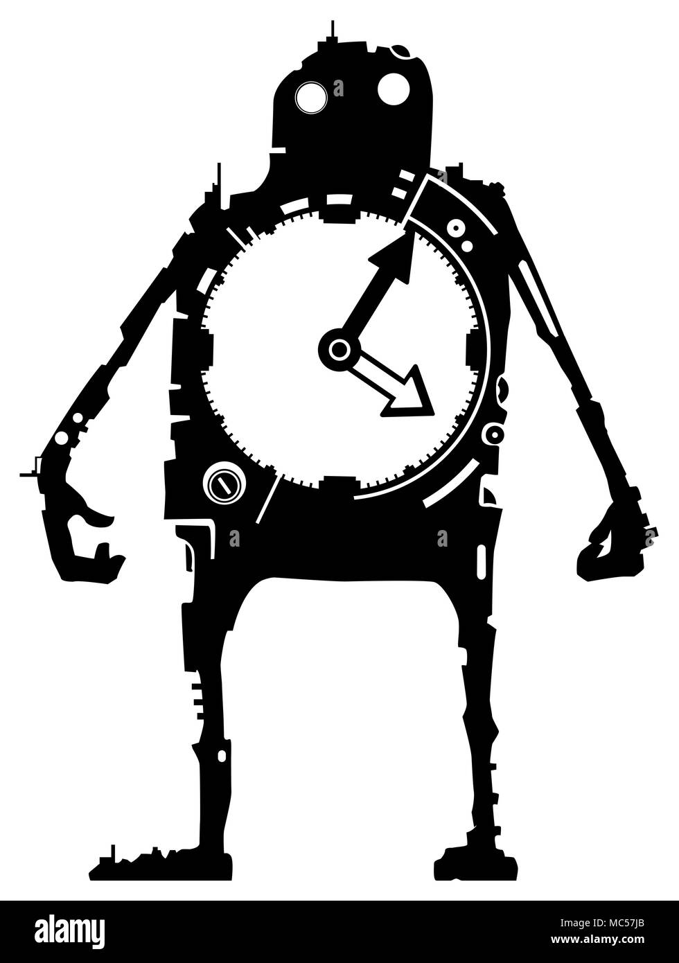 Clock cartoon character black silhouette, vector illustration, vertical