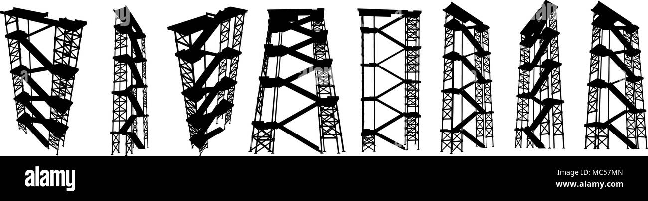 High staircase structure vector silhouette set, black and white Stock Vector