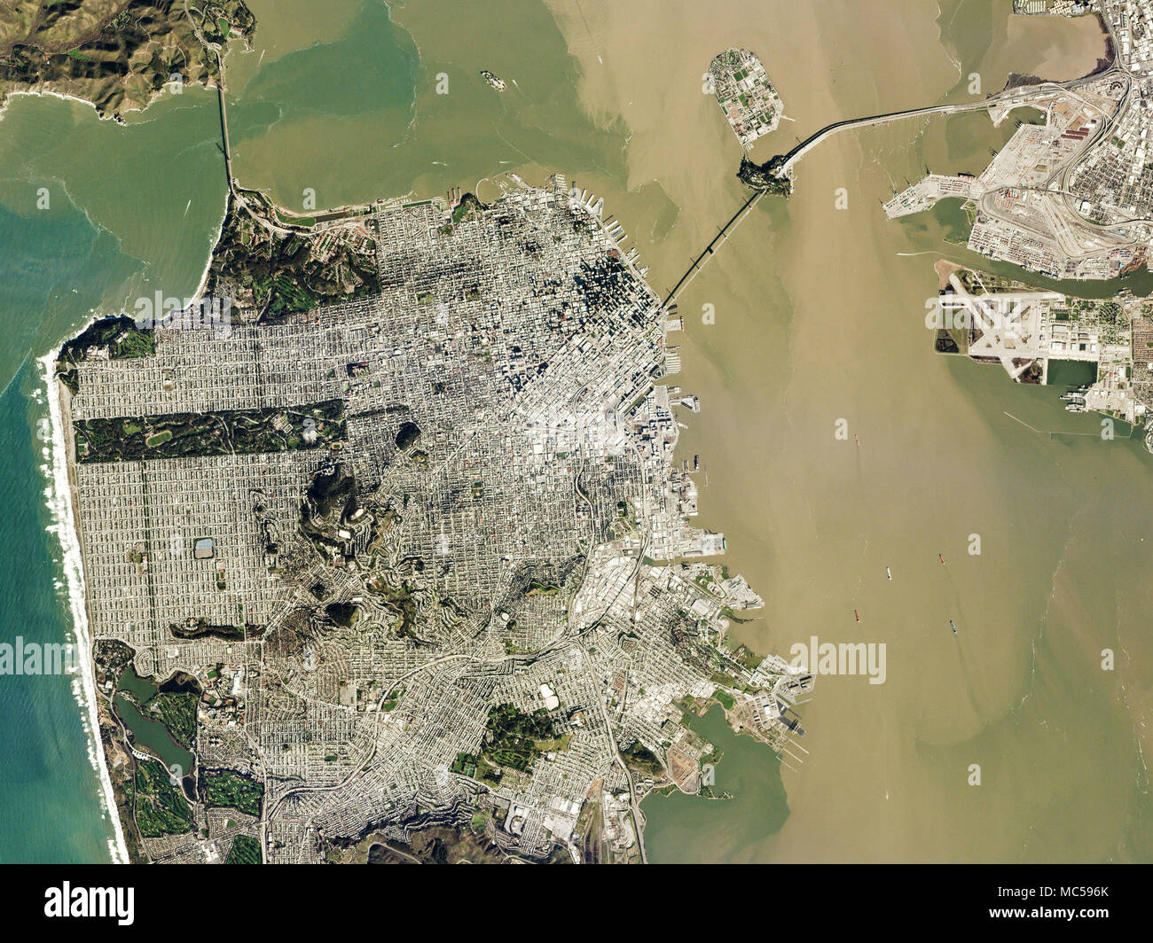 On a rare clear February day during California’s rainy 2017 winter, a satellite snapped this picture of Planet’s San Francisco headquarters. It shows not only the Golden Gate Bridge, top left, but also the sediment washed by rains from the 4,600 square miles of the watershed muddying the San Francisco Bay. A scientist measuring how water quality changes as runoff increases could supplement data from water samples with satellite imagery from the same days—since Planet re-images the entire planet every day—to develop a broader understanding of the daily impact of sediment. (Image courtesy of Pla Stock Photo