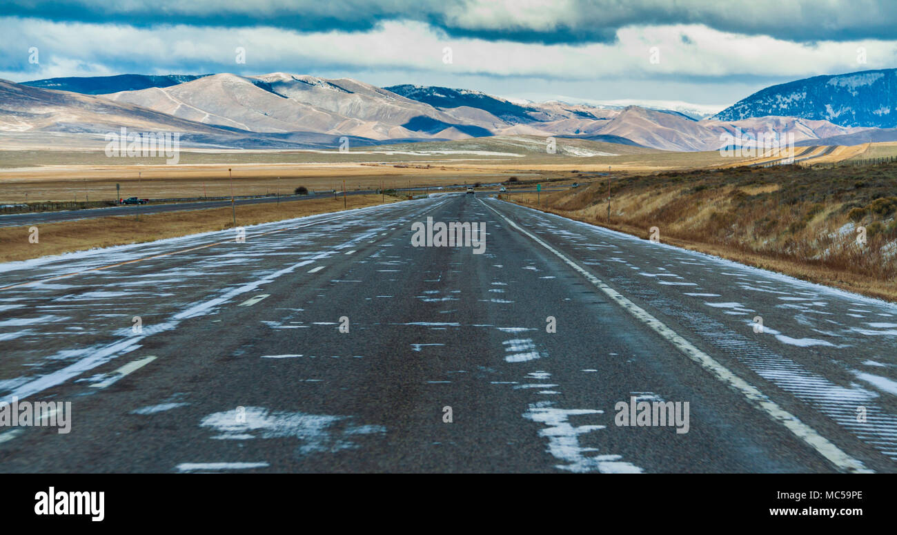 Driving in Snow and Ice on scenic highway Interstate 15 in southwesten