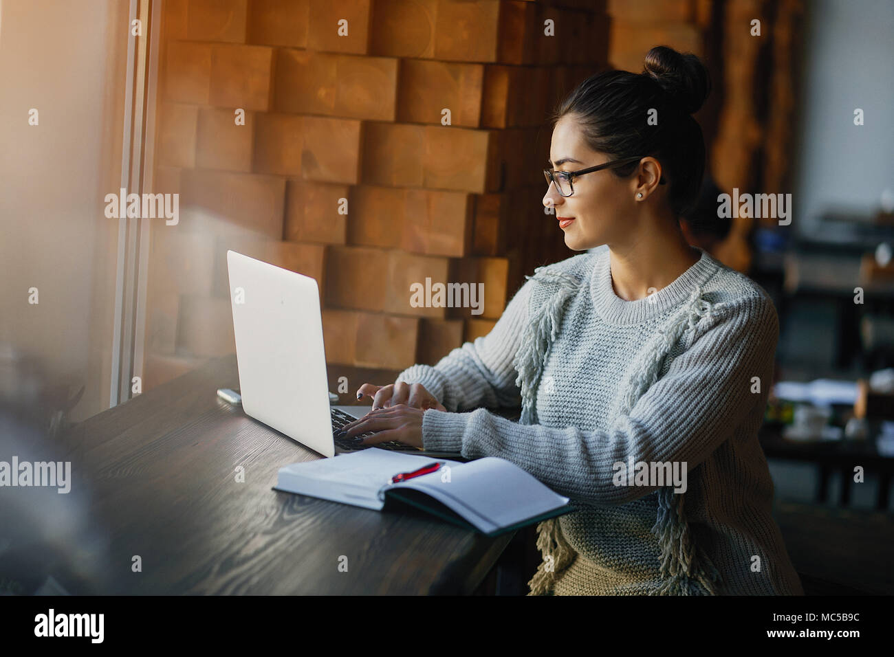 brunetter woman working on her laptop at a restaurant Stock Photo