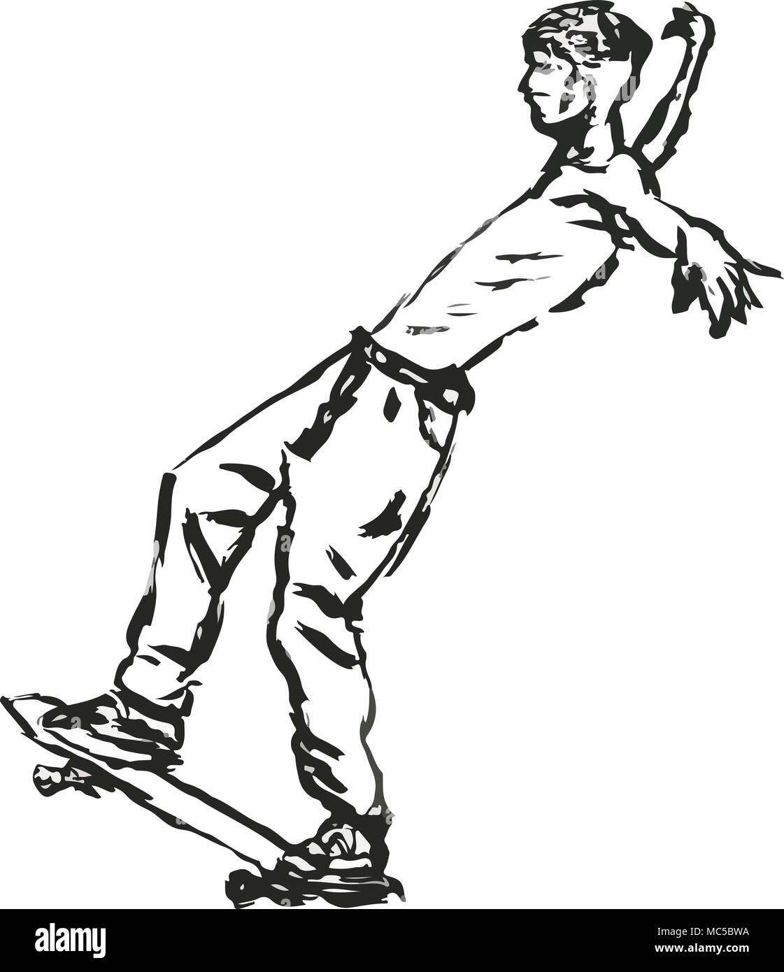 Leaning backwards on skateboard-Skater tricks, scratchy ink illustration Stock Vector