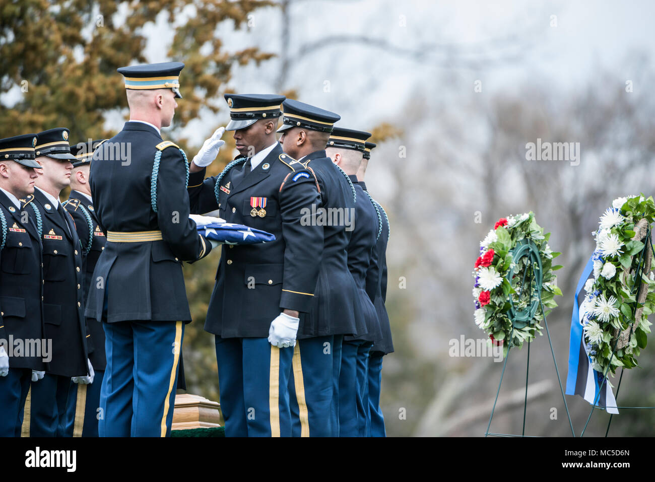 The U.S. Army Honor Guard support the full honors funeral of U.S. Army Col. and Estonian Gen. Aleksander Einseln in Section 34 of Arlington National Cemetery, Arlington, Virginia, April 2, 2018.  Born in Estonia, Einseln immigrated to the United States in 1949 and enrolled in the U.S. Army in 1950 at the outbreak of the Korean War. He served with Special Forces in the Vietnam War and retiring as a Colonel in 1985. In 1993, Einseln returned to Estonia at the request of Estonian President Lennart Meri to serve as the first commander of the Estonian Defence Forces, holding this post until his res Stock Photo