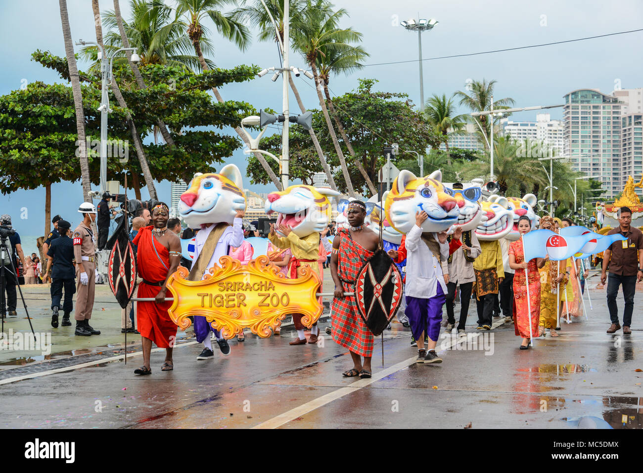 Pattaya, Thailand - November 19, 2017: Sriracha Tiger Zoo parade marching on the 50th anniversary ASEAN International Fleet Review 2017 to promote tou Stock Photo