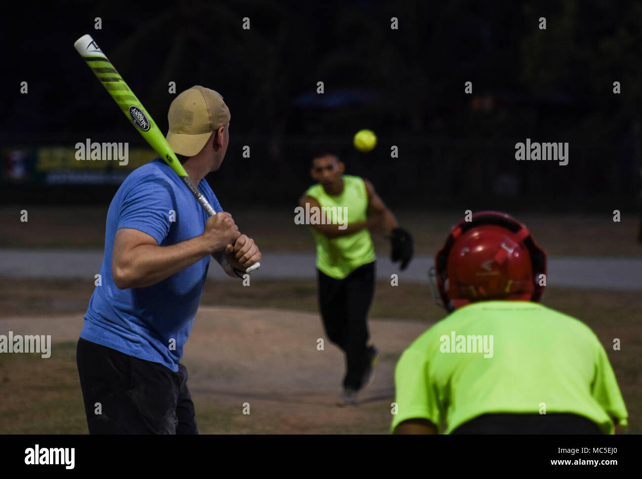 U.S. Air Force Staff Sgt. Eli Smith, 346th Air Expeditionary Group public affairs team member, prepares to hit a softball during a game April 1, 2018, in Meteti, Panama. During the exercise, aimed at training U.S. military members and assisting partner nations, exercise personnel also spend down time playing sports, participating in local events and interacting with locals to build relationships and promote U.S. and Panamanian partnership. Exercise New Horizons is a joint training exercise where all branches of the U.S. military conduct training in civil engineer, medical and support services  Stock Photo