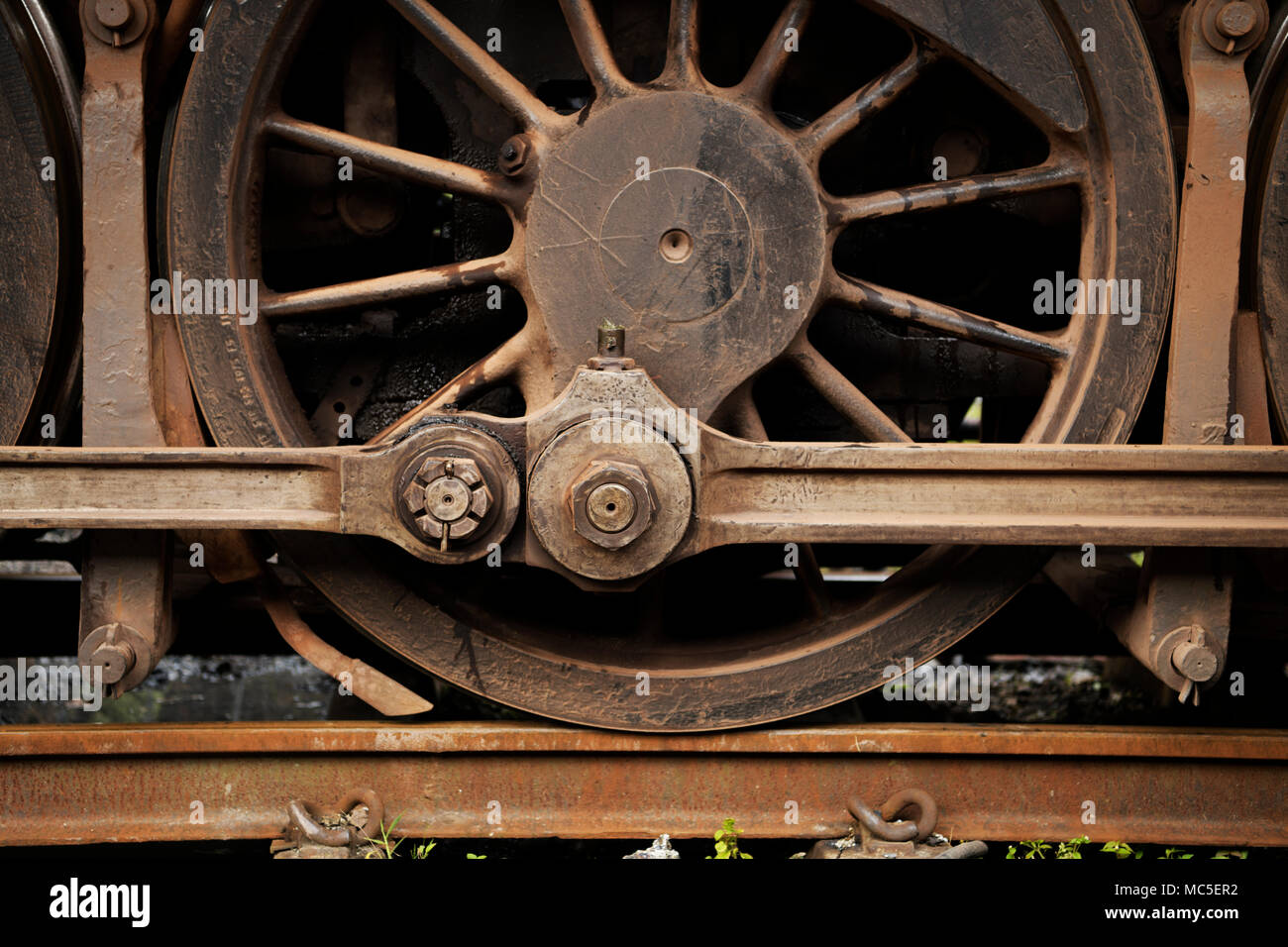 Close-up, detail, push rod, steam locomotive drive system, wheel, train, engine Stock Photo