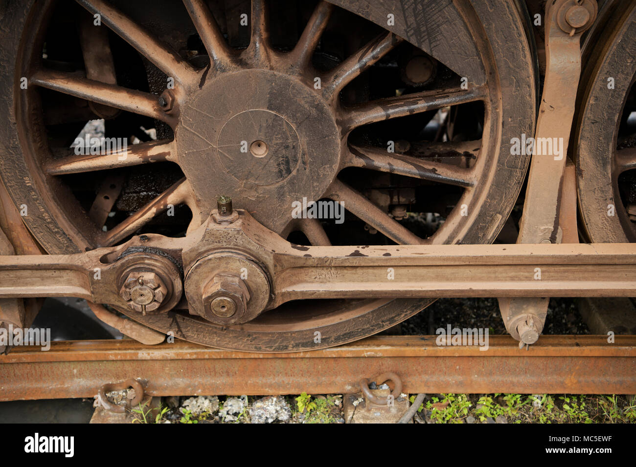 Close-up, detail, grease nipple and connecting bolts, drive linkage of old steam train, abstract, object, wheel Stock Photo