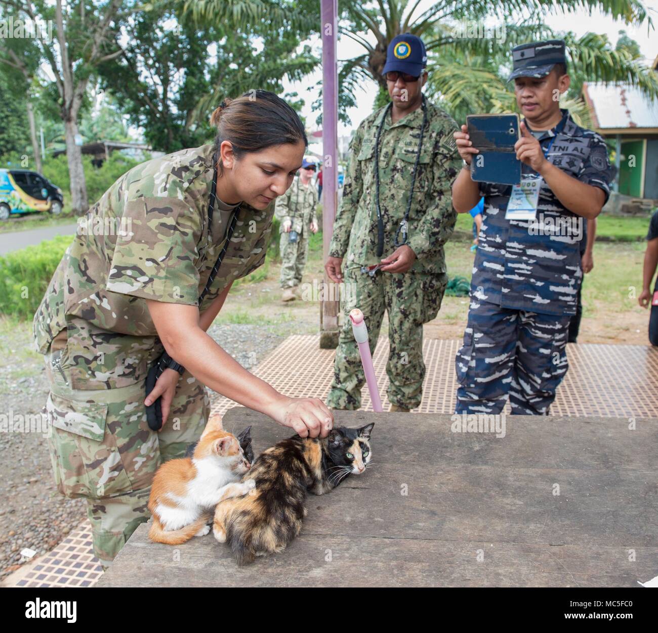 180404-N-MD713-0045  BENGKULU, Indonesia (April 4, 2018) Army Spc. Toni Weaver (left), from Castroville, Texas, who is currently assigned to Military Sealift Command hospital ship USNS Mercy (T-AH 19,) demonstrates proper feline handling techniques during a rabies vaccination event.  Weaver and other service members are currently deployed in support of Pacific Partnership 2018. PP18’s mission is to work collectively with host and partner nations to enhance regional interoperability and disaster response capabilities, increase stability and security in the region, and foster new and enduring fr Stock Photo