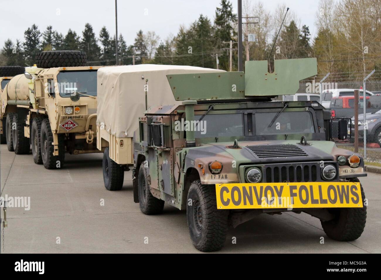 Soldiers from 17th Field Artillery Brigade have their vehicles lined up