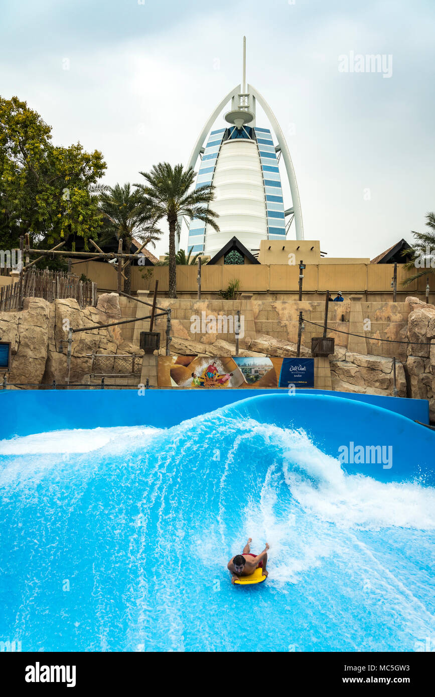 Wave surfing at the Wild Wadi waterpark, Dubai, UAE, Middle East Stock