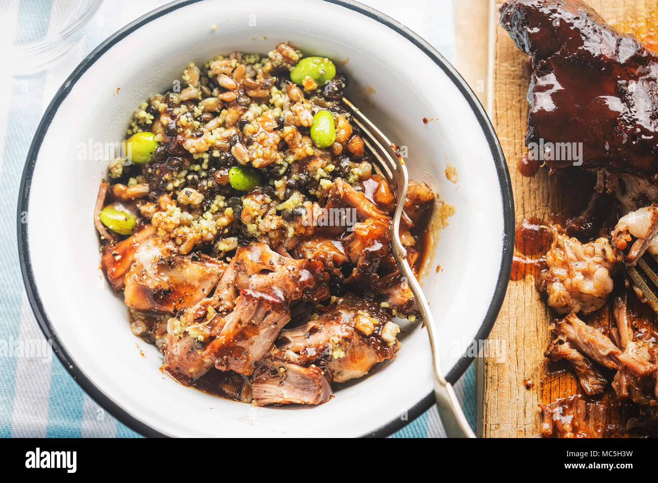 Superfood couscous, lentils & edamame soybeans with slow cooked pulled