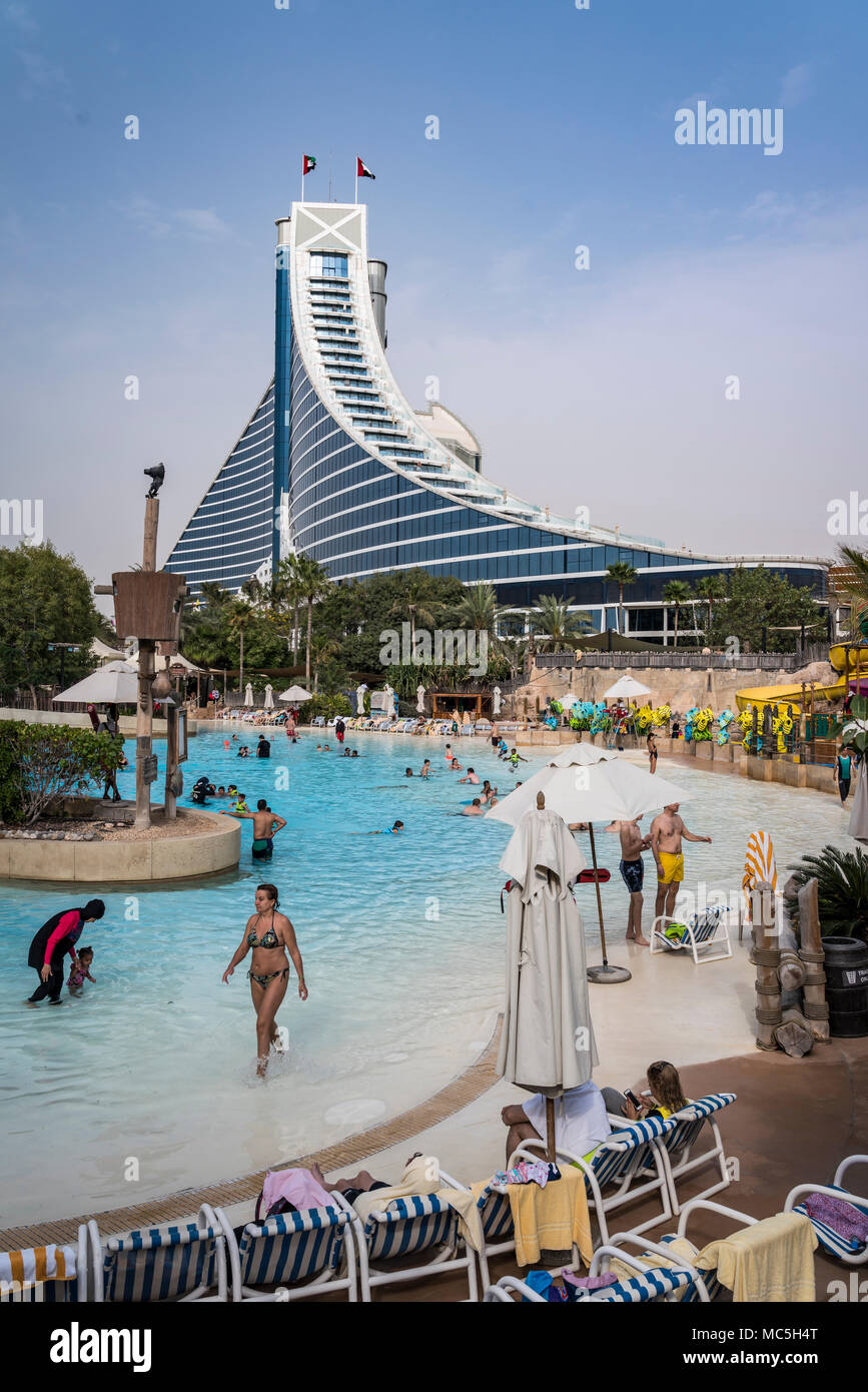 The Jumeirah Beach Hotel and the Wild Wadi waterpark in Dubai, UAE, MIddle East. Stock Photo