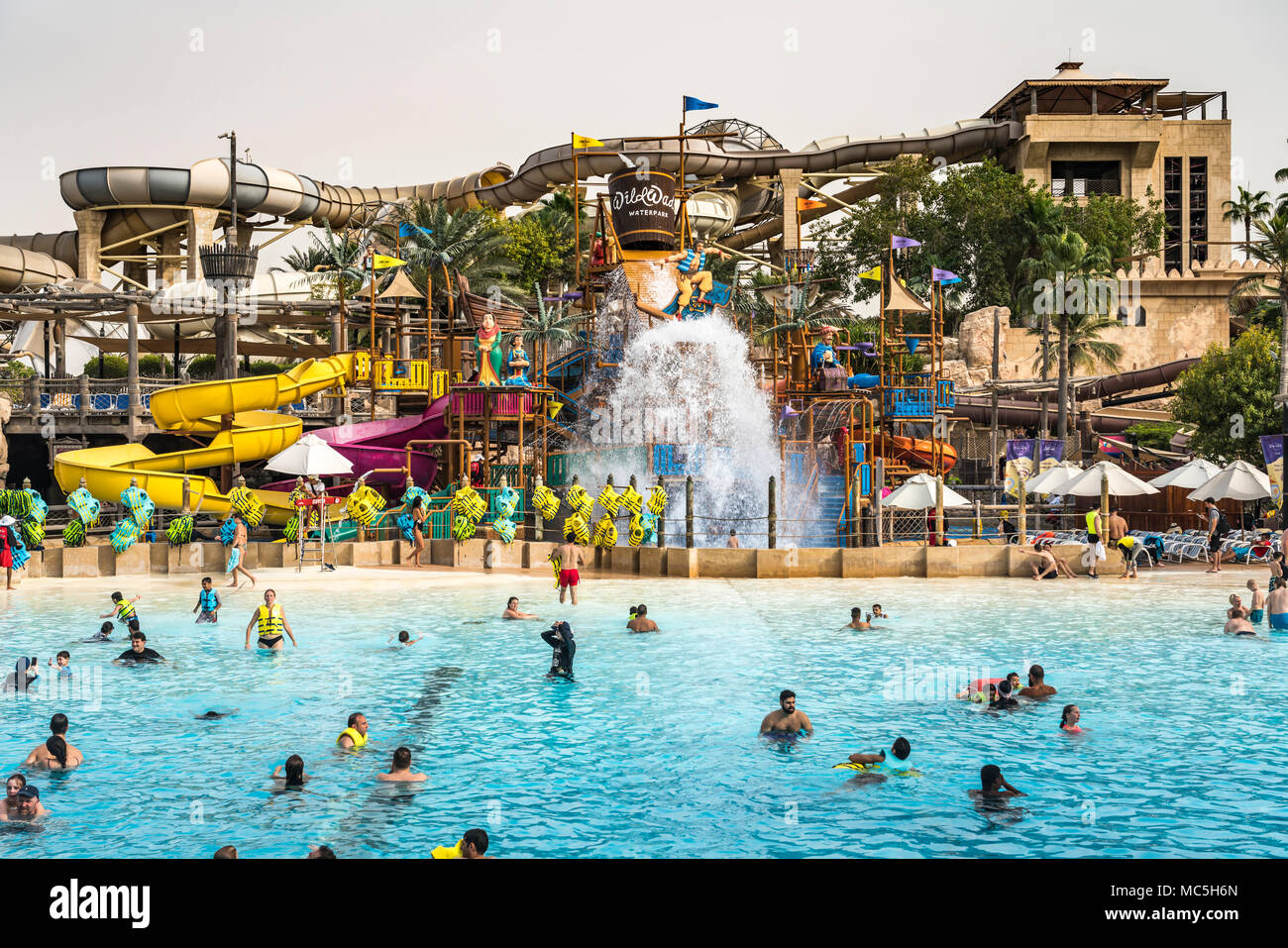 The beach at the Wild Wadi waterpark in Dubai, UAE, MIddle East. Stock Photo