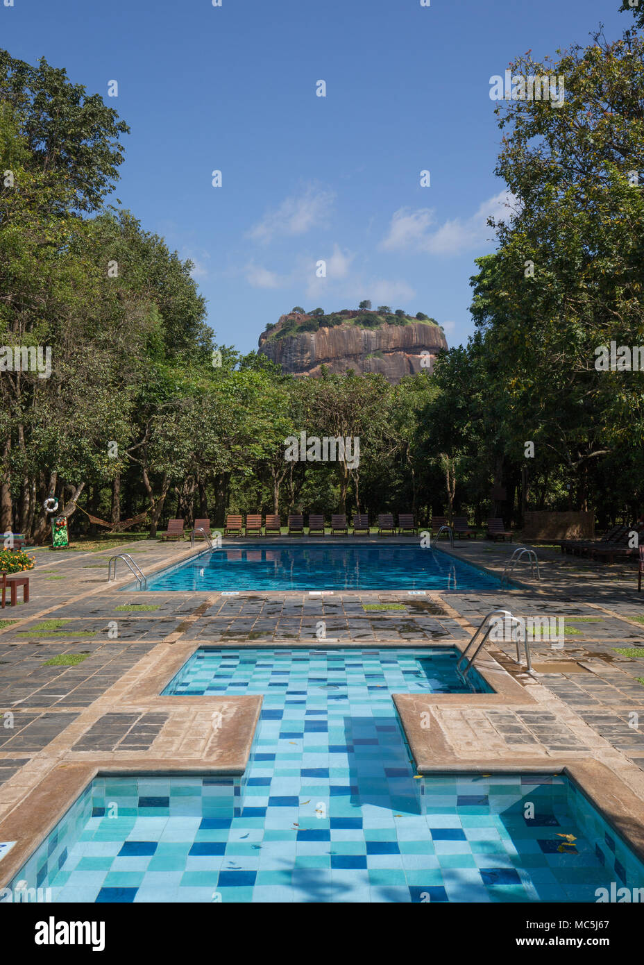 View from the Sigiriya Hotel, Sigiriya Rock Fortress (Lion Rock), Stock Photo