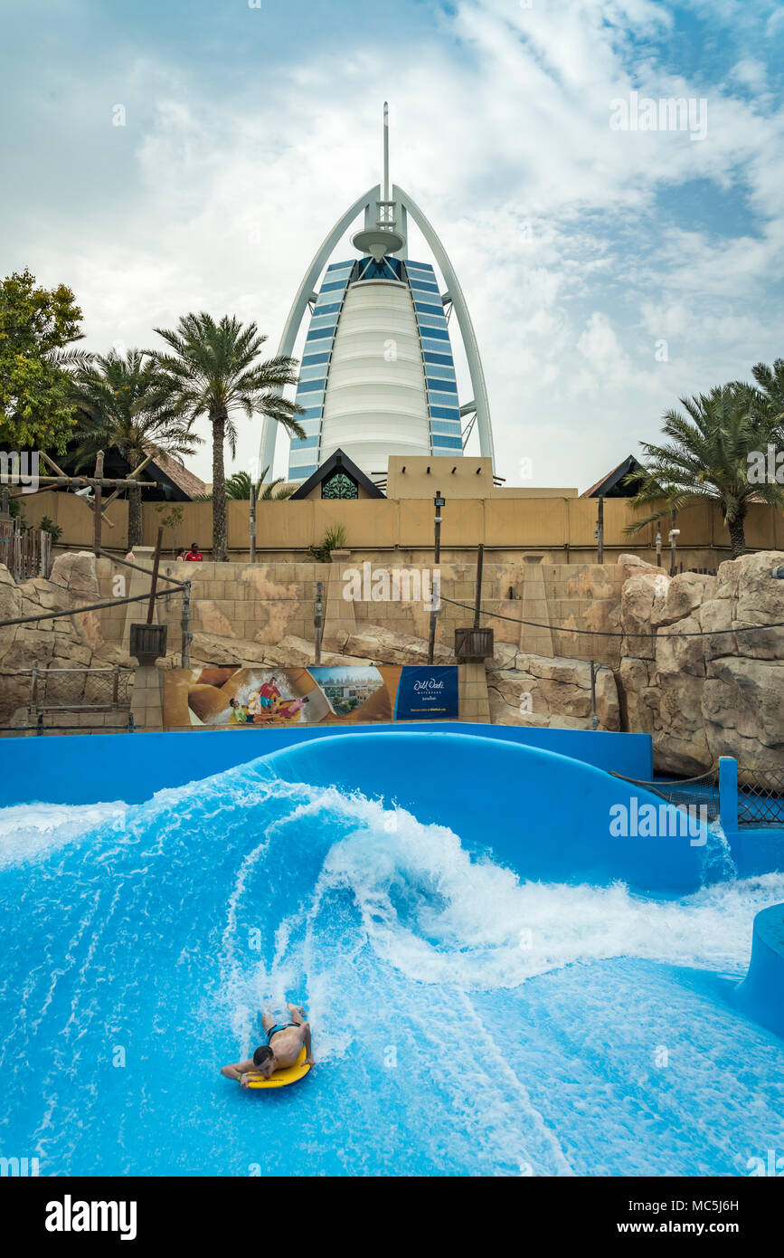 Wave surfing at the Wild Wadi waterpark, Dubai, UAE, Middle East Stock
