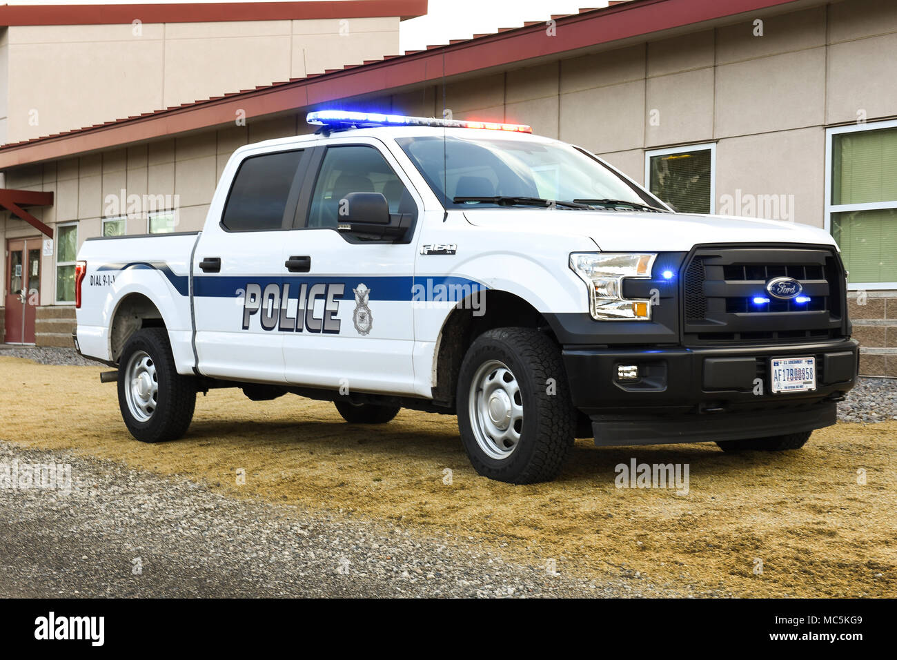 A new 173rd Security Forces Squadron truck sits outside of the 173rd SFS building April 8th, 2018, at Kingsley Field in Klamath Falls, Ore. To strengthen an aging fleet, the 173rd SFS received four new 2017 Ford F150 trucks that came upgraded to the specifications required for security forces to perform their mission upon delivery. The vehicles also include enhanced technology features meant to increase safety and efficiency for officers. (U.S. Air National Guard photo by Staff Sgt. Riley Johnson) Stock Photo