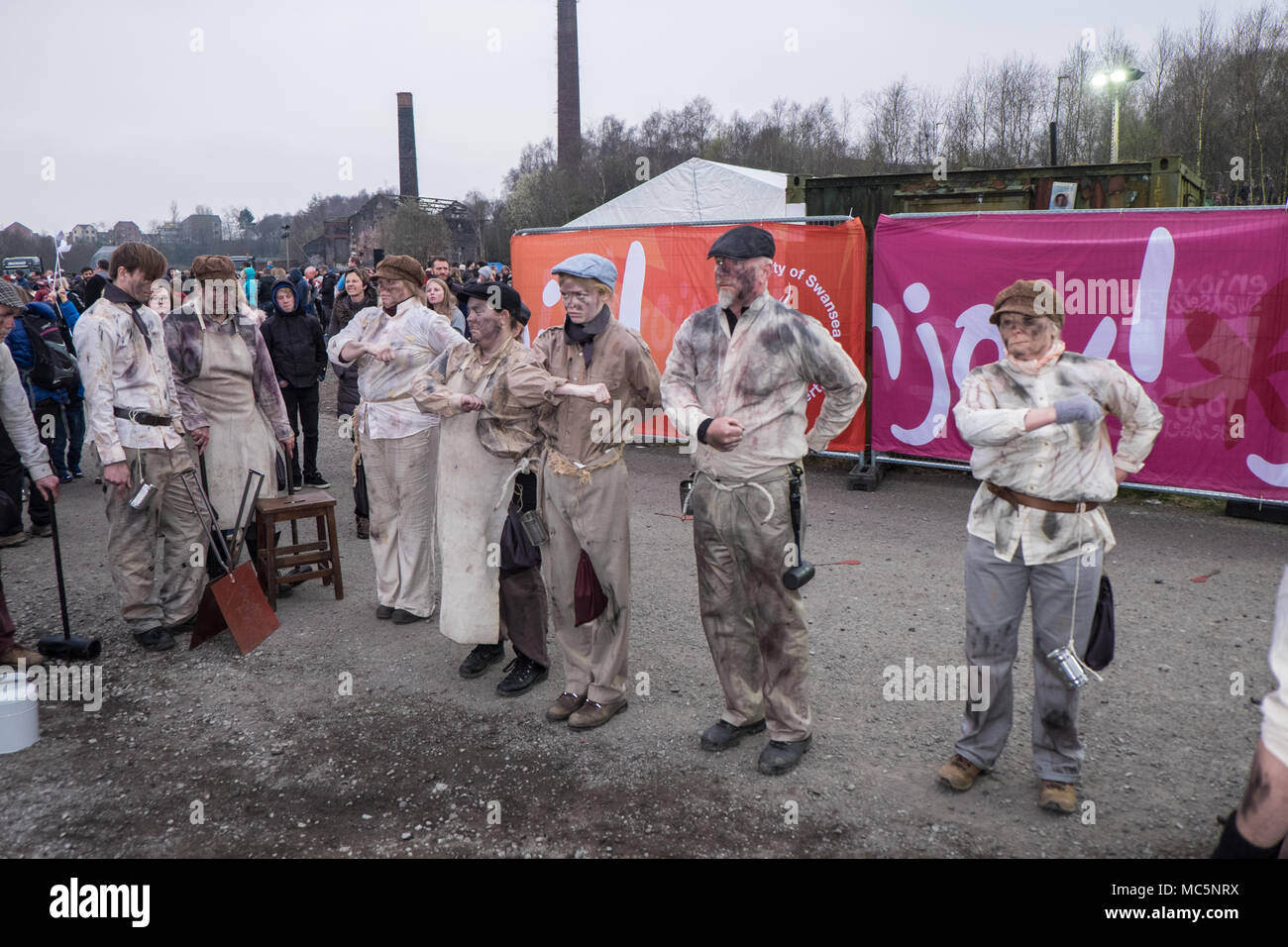 Victorian,,copper workers,in,vintage,clothing,clothes,perform,'The Man Engine',at Hafod-Morfa Copperworks,north Swansea,Wales, U.K.Swansea, Wales, UK. Stock Photo