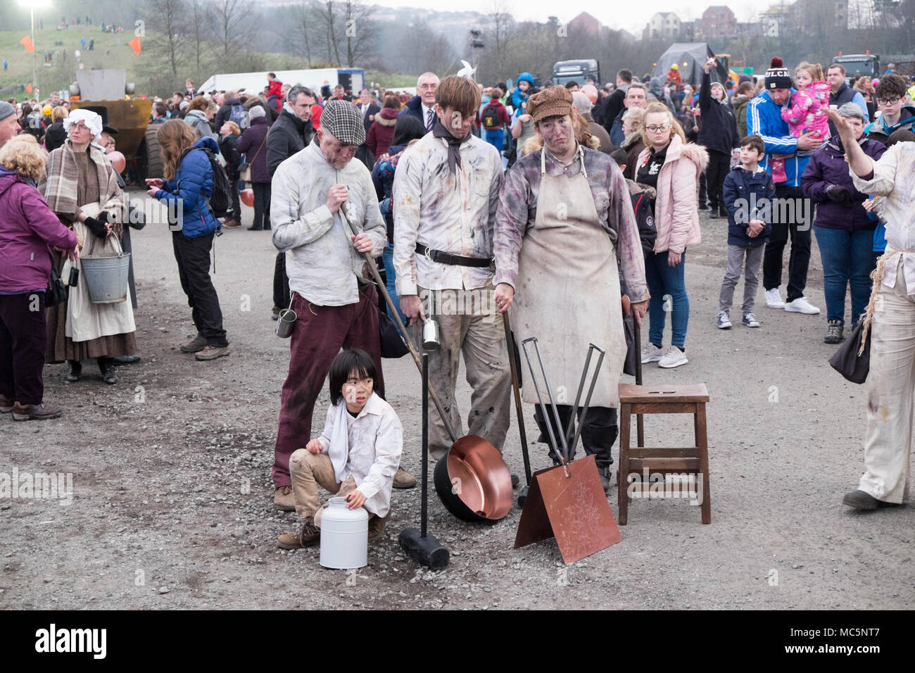 Victorian,,copper workers,in,vintage,clothing,clothes,perform,'The Man Engine',at Hafod-Morfa Copperworks,north Swansea,Wales, U.K.Swansea, Wales, UK. Stock Photo