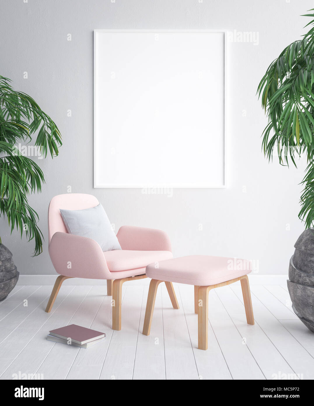 Mock up poster frame in tropical interior background, 3D render Stock Photo