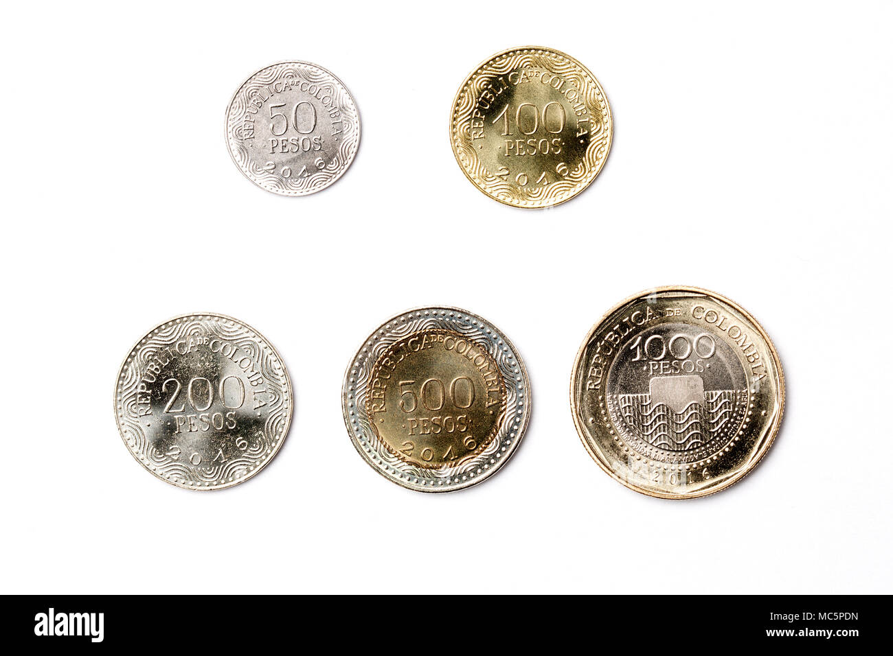 Coins from Colombia on a white background Stock Photo