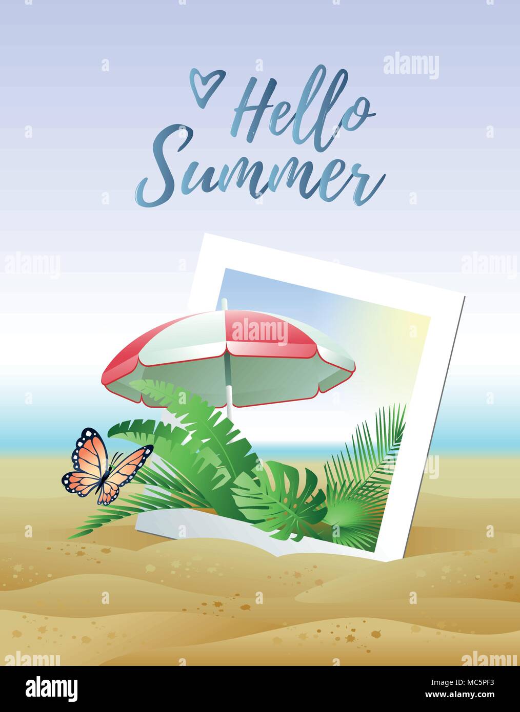 Hello Summer concept. Photo frame, tropical leaves, butterfly and beach umbrella on the sand beach. Vector illustration. Stock Vector