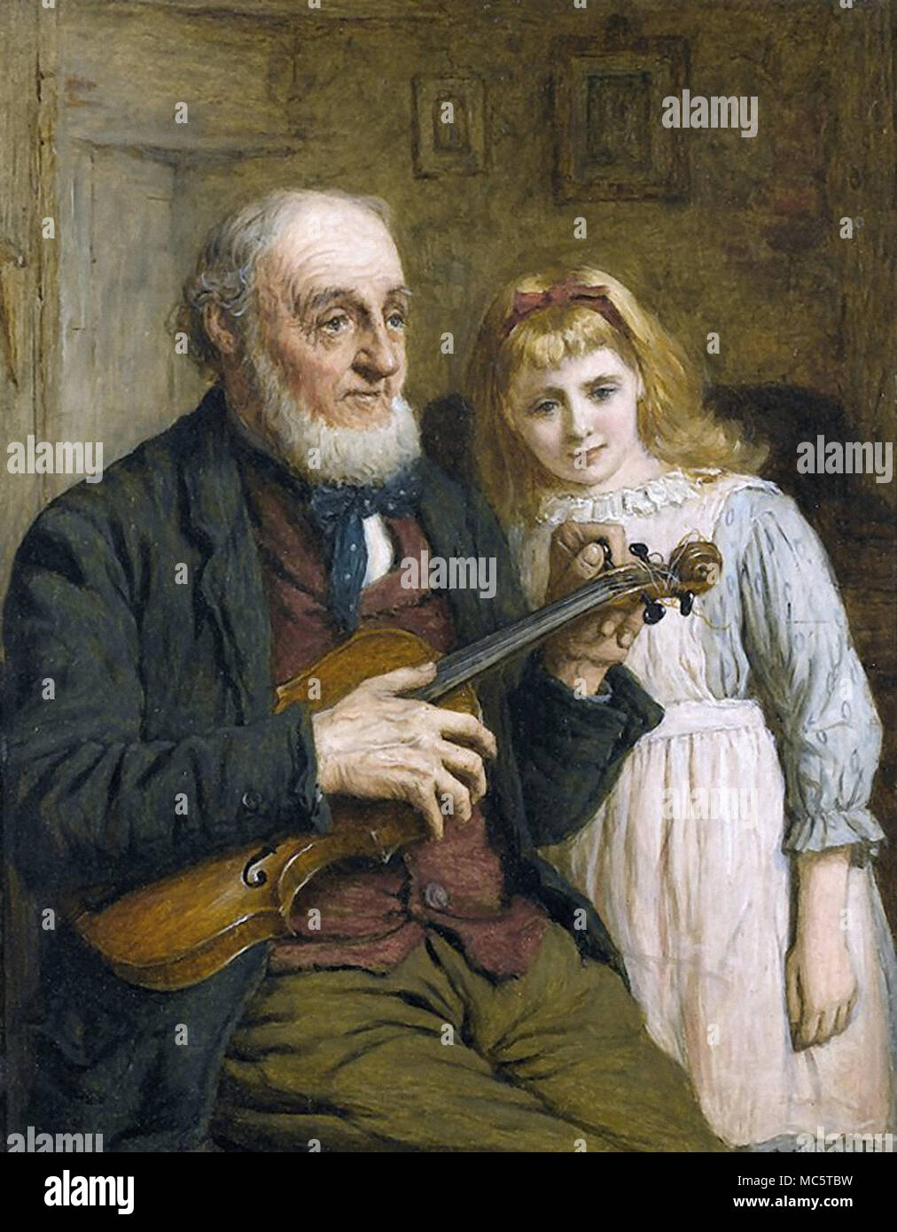 Wright Robert W - Girl and a Sitting Violinist Stock Photo