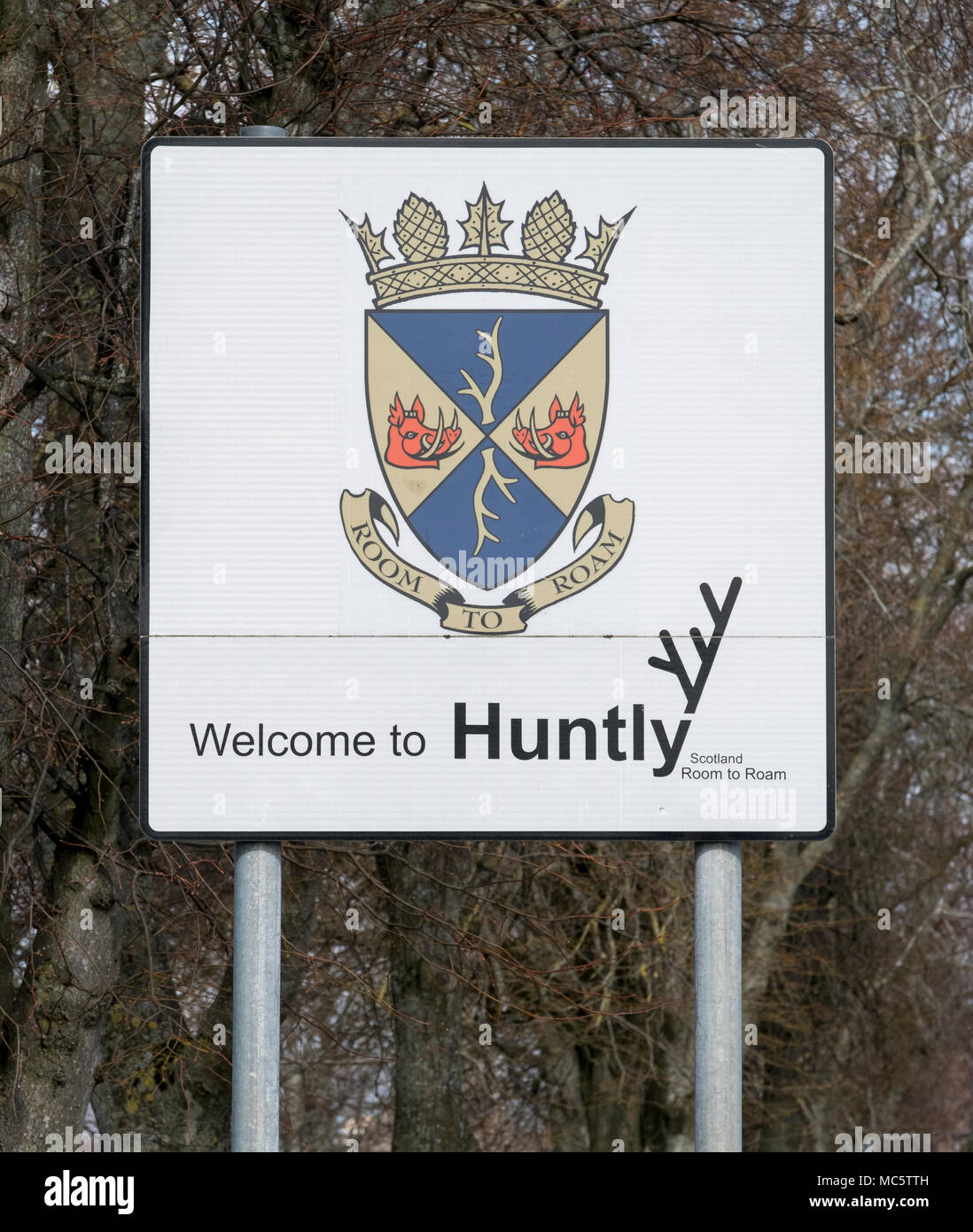 Welcome to Huntly street sign on the outskirts of Huntly town in Aberdeenshire. Stock Photo
