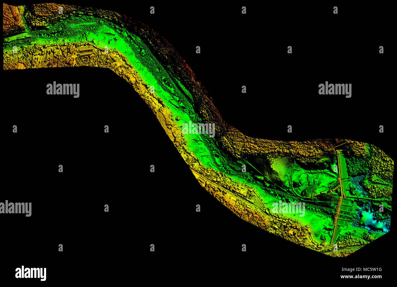 A 3D topographic scan visualizes a winding riverbed and adjacent landforms using color-coded elevation data. Bright green indicates lower elevations, while yellow and orange represent higher terrain Stock Photo