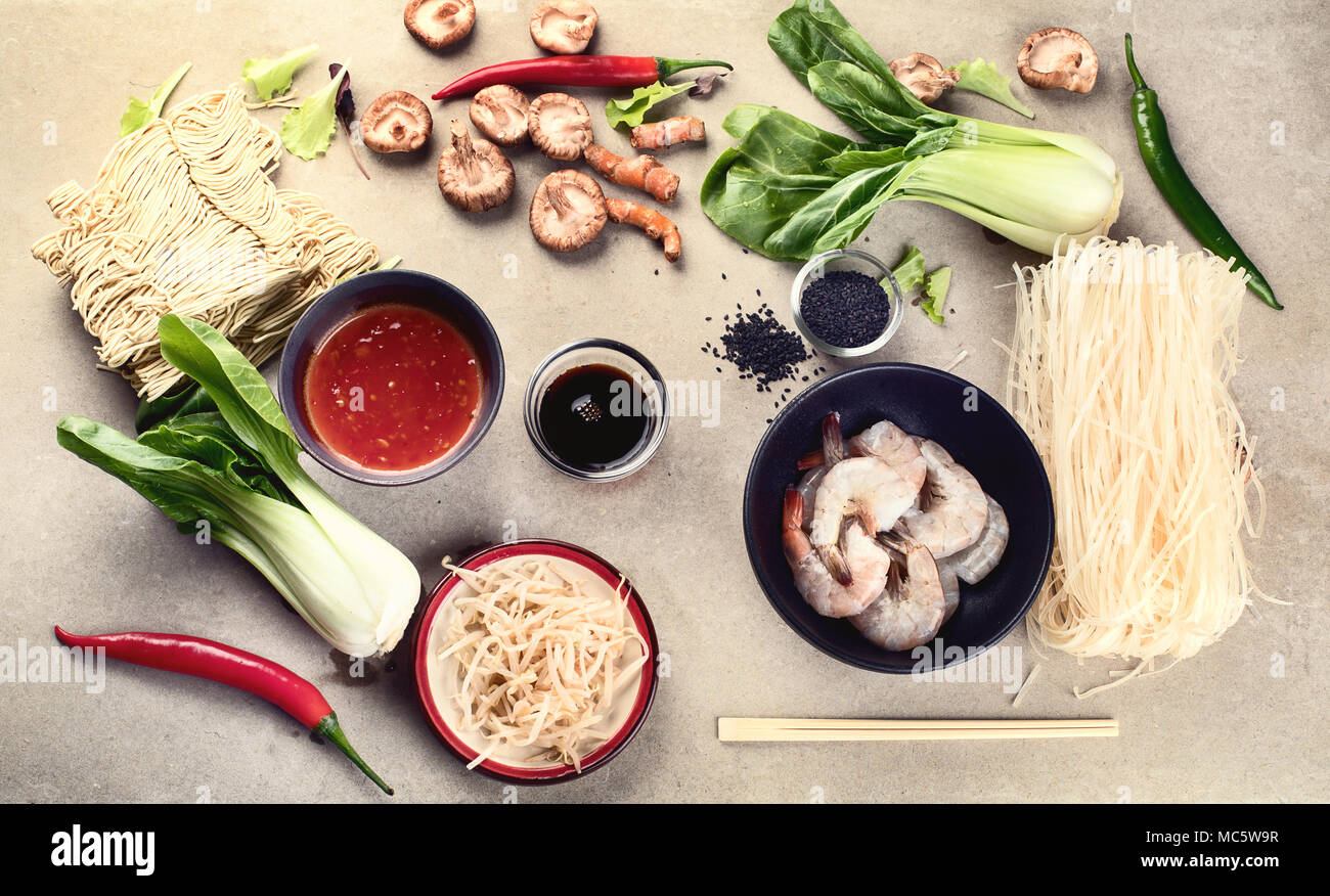 Asian food  ingredients.  Top view.  Chinese and  Thai cuisine.  Asian food concept. Stock Photo