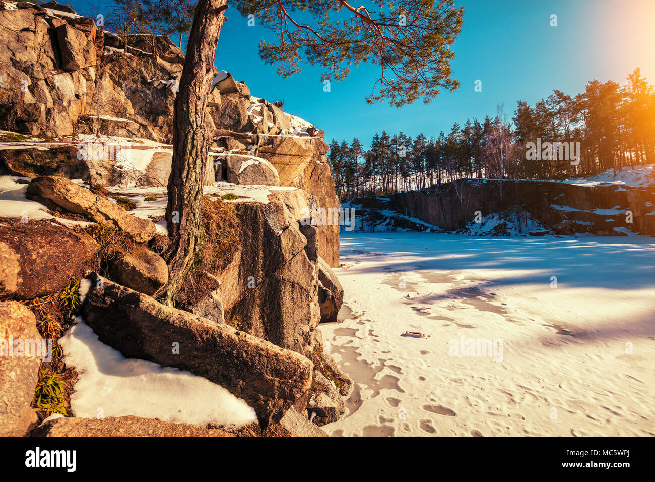Winter nature. Granite rocky frozen lakeshore. Granite quarry in sunny day. Pine grows on a rock Stock Photo