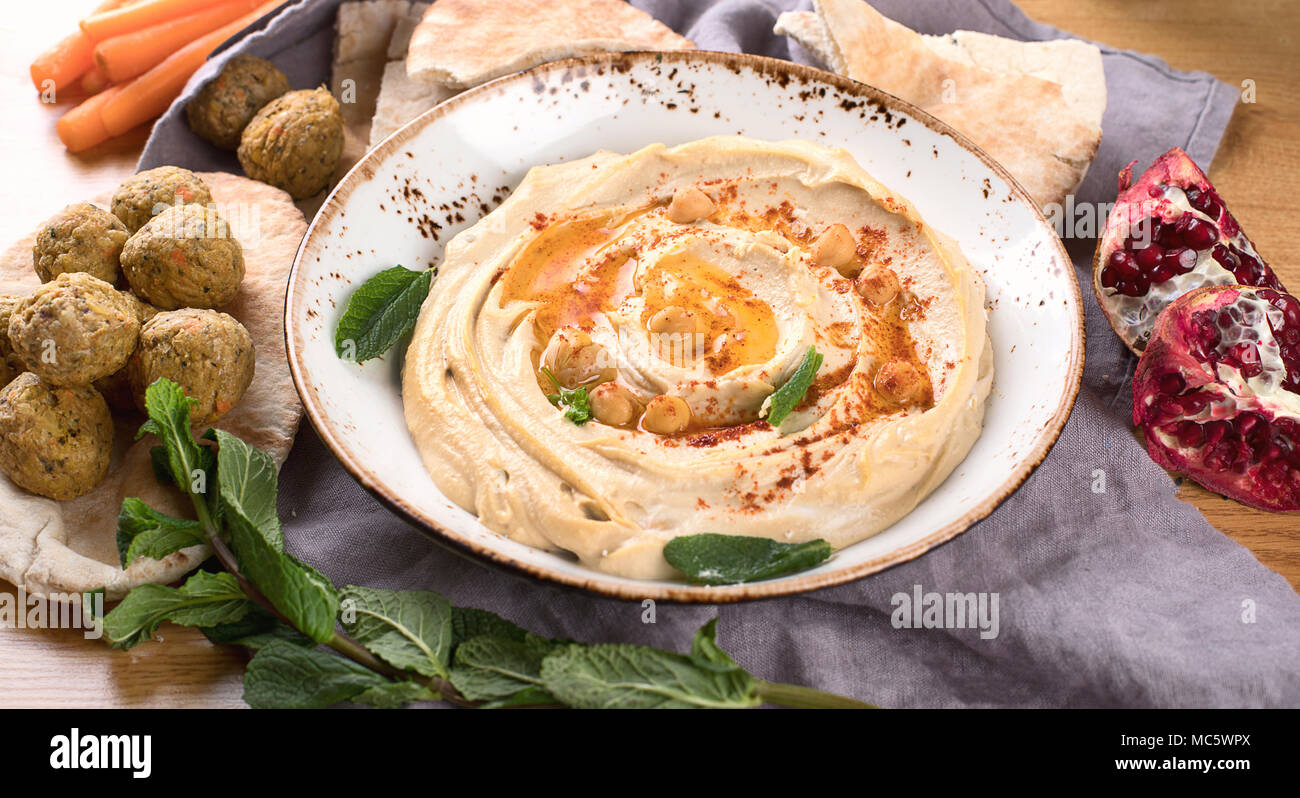 Healthy Hummus and pita bread. Middle eastern food. Top view Stock
