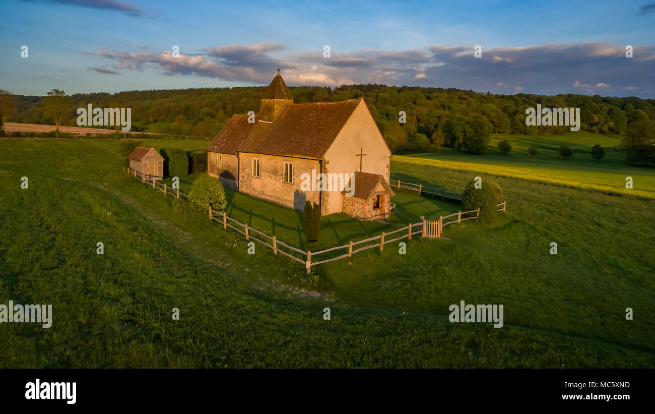 Aerial View of St Hubert's Church in Idsworth, Hampshire UK Stock