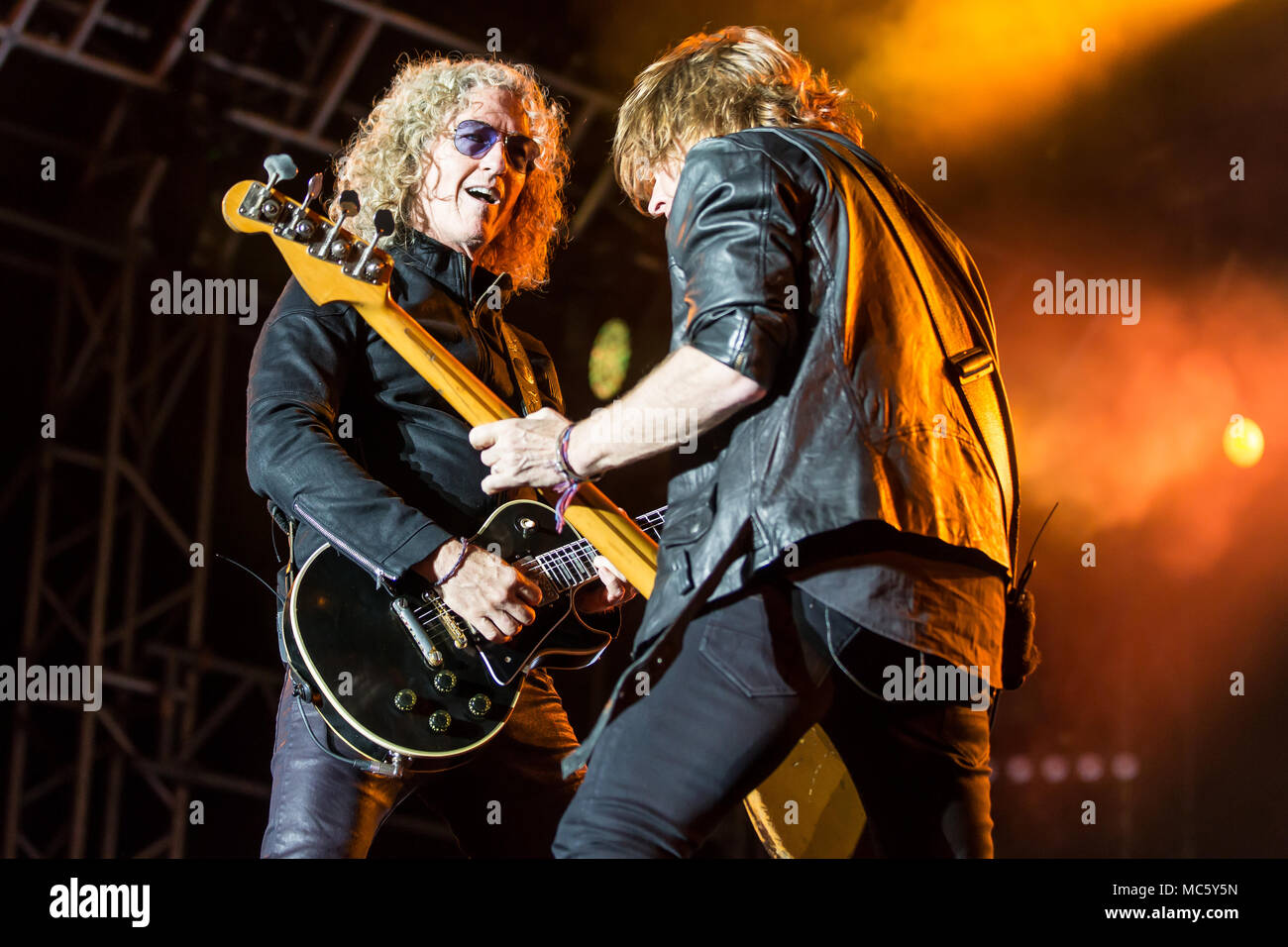 Bruce Watson and Thom Gimbel, guitarists from the British-American rock band Foreigner live at the Magic Night at the Heitere Stock Photo