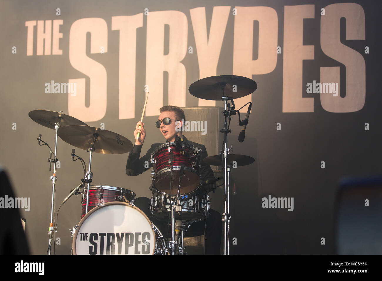 Evan Walsh, drummer from the Irish rhythm and blues band The Strypes live at the 26th Heitere Open Air in Zofingen, Aargau Stock Photo