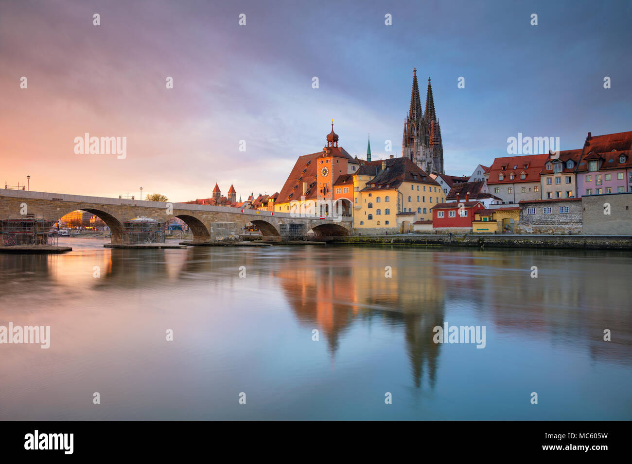 Regensburg. Cityscape image of Regensburg, Germany during spring sunrise. Stock Photo